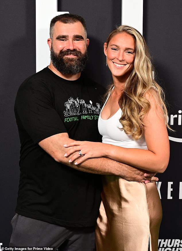 Mom and dad: Jason Kelce's wife Kylie McDevitt shared an adorable video of their daughter Wyatt, four, on TikTok and joked that she's 'just another Swiftie trying to learn soccer'