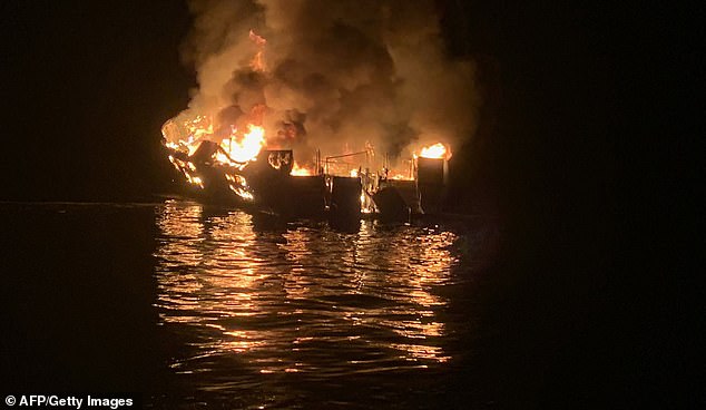 The conception is depicted in flames on September 2, 2019, off the coast of Santa Barbara