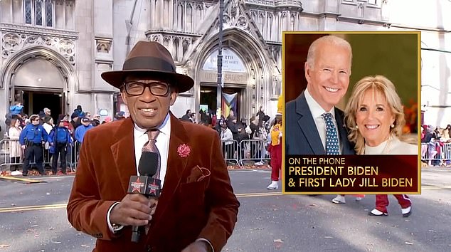 President Joe Biden and first lady Jill Biden participated in the Macy's Thanksgiving Day Parade and spoke with longtime broadcaster Al Roker (left)