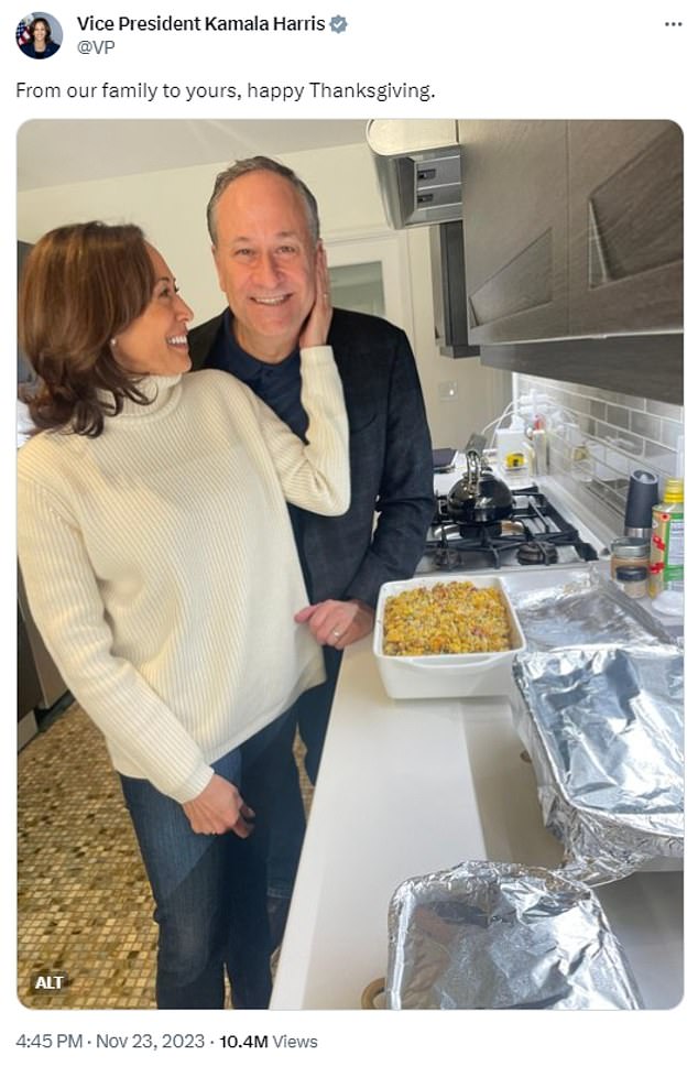 Kamala Harris is torched for Thanksgiving photo next to a