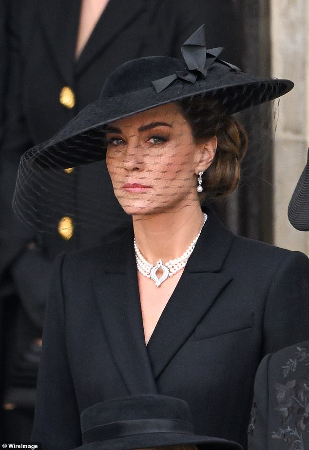 Catherine, Princess of Wales during the state funeral of Queen Elizabeth II at Westminster Abbey on September 19, 2022