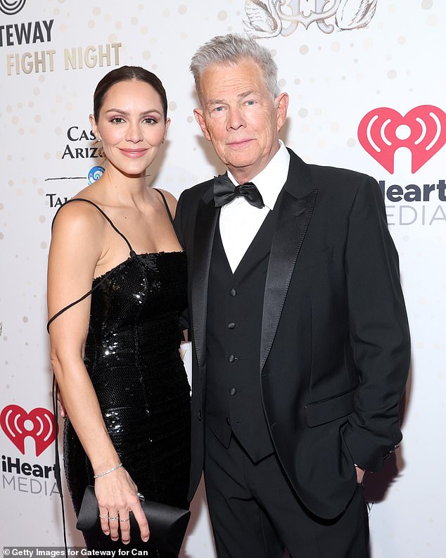 Point of contention: Katharine McPhee, 39, and husband David Foster, 74, sometimes disagree when it comes to raising their son Rennie, two;  pictured in April in Arizona