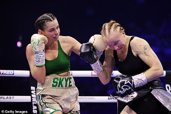 DUBLIN, IRELAND – NOVEMBER 25: Skye Nicolson punches Lucy Wildheart during the WBC Interim World Featherweight title fight between Skye Nicolson and Lucy Wildheart at the 3Arena Dublin on November 25, 2023 in Dublin, Ireland.  (Photo by James Chance/Getty Images)