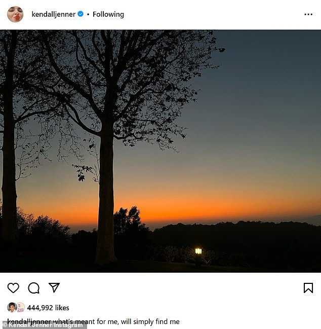 On Tuesday night, Jenner – who has 347 million social media followers – sparked rumors with her Instagram post of a sunset with the cryptic caption: 'What's meant for me will just find me'