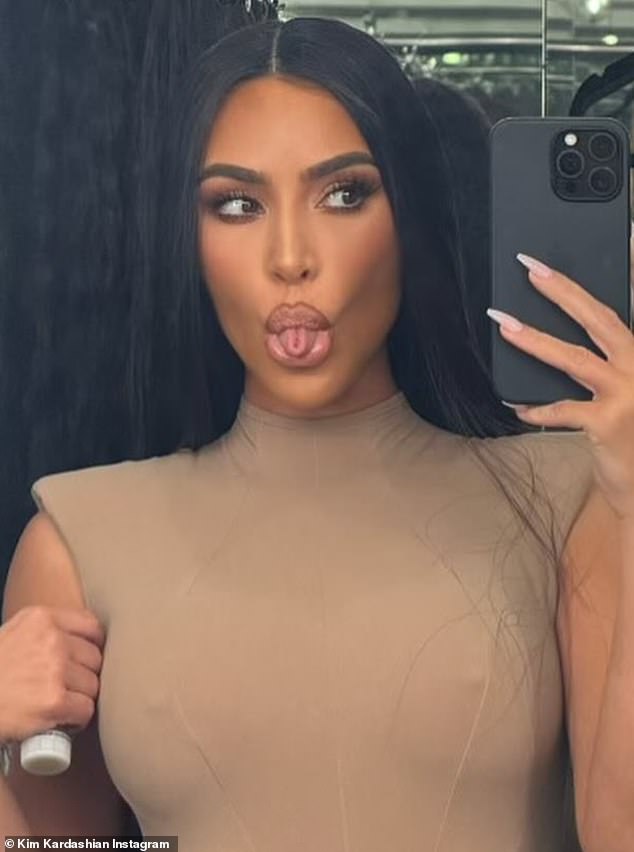 Rare: Kim Kardashian's fans went wild over a new Instagram post she shared this weekend.  The star was seen folding her tongue as she stuck it out in a very rare silly pose as she was heavily made up with nude make-up.  Sanjaobrian said, 