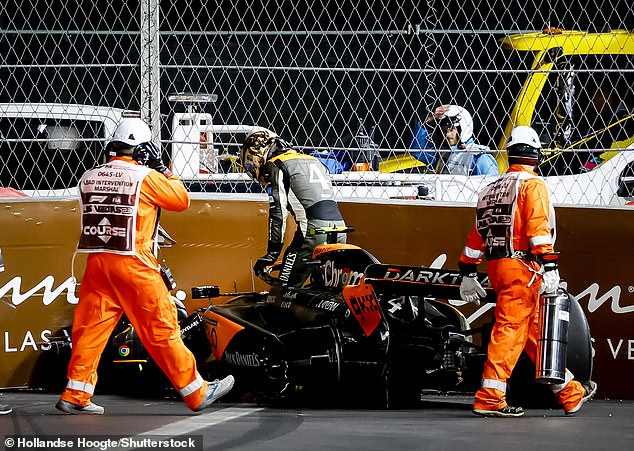 Lando Norris steps out of his car after a crash on the fourth lap of the Las Vegas Grand Prix