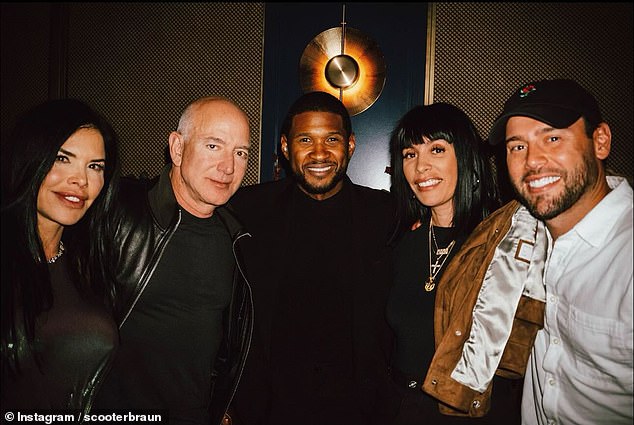 Jeff Bezos and his fiancée Lauren Sanchez enjoyed a night out with Usher, his girlfriend Jennifer Goicoechea and Scooter Braun, who joked that he was the 'fifth wheel'