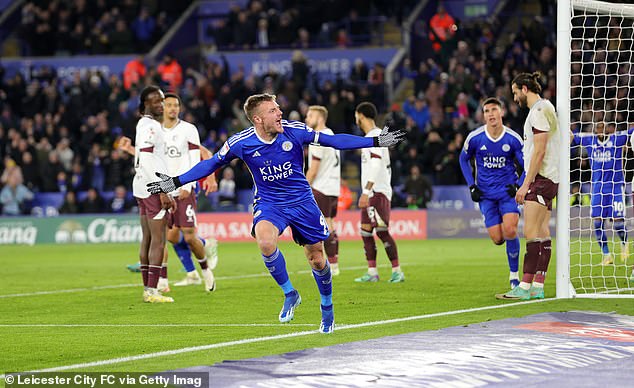 Jamie Vardy celebrates scoring the opener in the 2-0 win over Watford at King Power