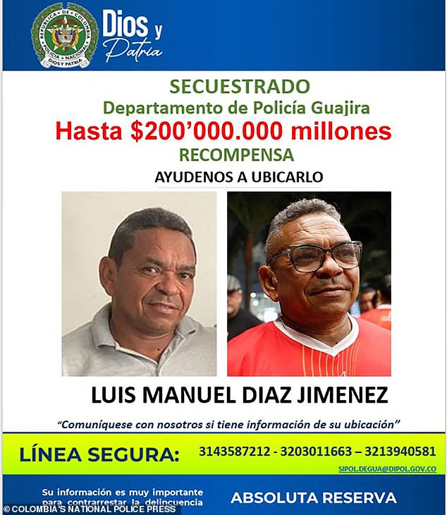 Colombian police are looking for Diaz's father, who was held at gunpoint last week