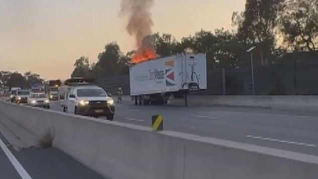 The truck fire in Revesby (pictured) has caused major traffic delays, with two of the three westbound lanes on the M5, towards Beaconsfield Street, closed