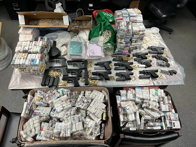 More than $11 million in narcotics and a slew of deadly weapons (pictured) were found in an abandoned home in Queens