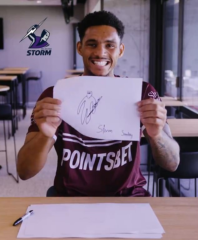 Flying winger Jason Saab came up with a pretty decent version of the Melbourne Storm logo