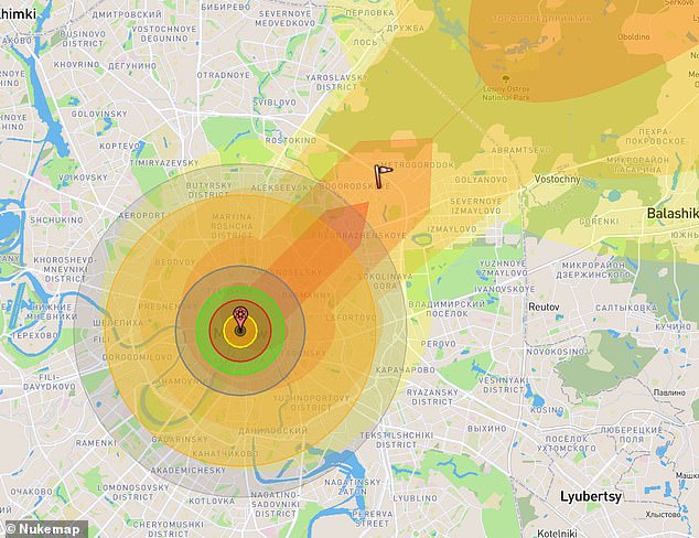 The map shows the potential destruction of a 360 kiloton nuclear bomb dropped on the Russian capital Moscow