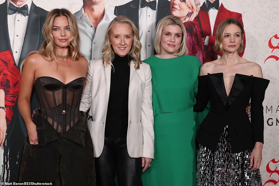 Margot posed with Amazon Studios head Jennifer Salke, director Emerald Fennell and actress Carey Mulligan