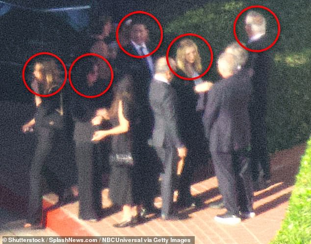 Paying their respects: Jennifer Aniston (left), Courteney Cox (2L), David Schwimmer (center), Lisa Kudrow (2R) and Matt LeBlanc (far right) were among the mourners at Perry's funeral