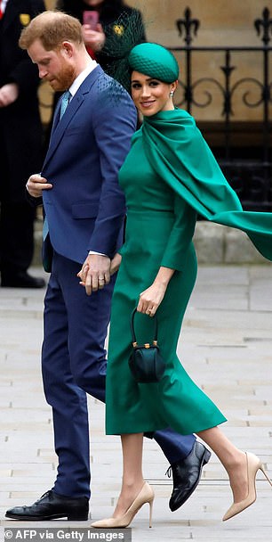 Meghan Markle arrives with Prince Harry for the Commonwealth Service at Westminster Abbey in London in 2020