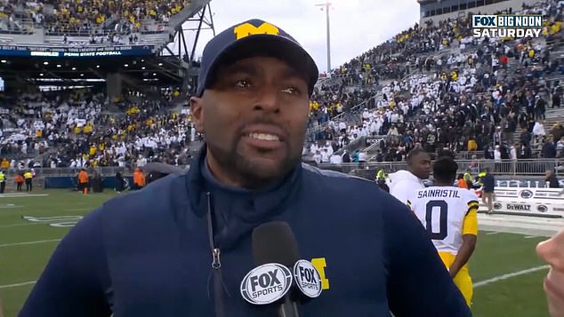 Michigan acting head coach Sherrone Moore cried in an emotional postgame interview