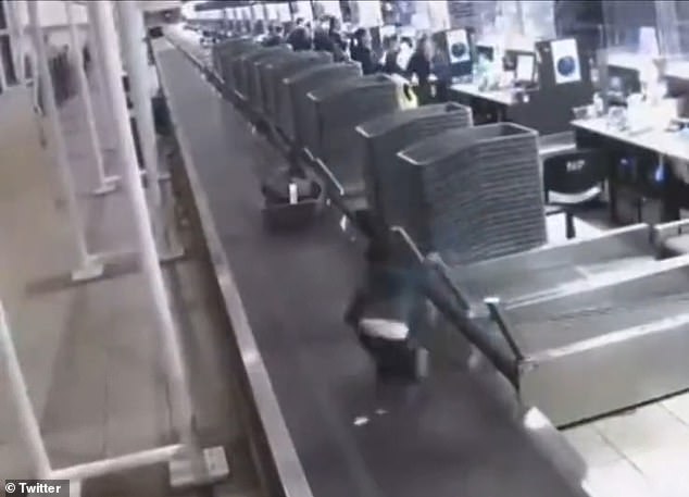 A three-year-old boy was seen on surveillance video stumbling into the baggage carousel at Arturo Merino Benítez International Airport in Santiago, Chile, last Thursday.