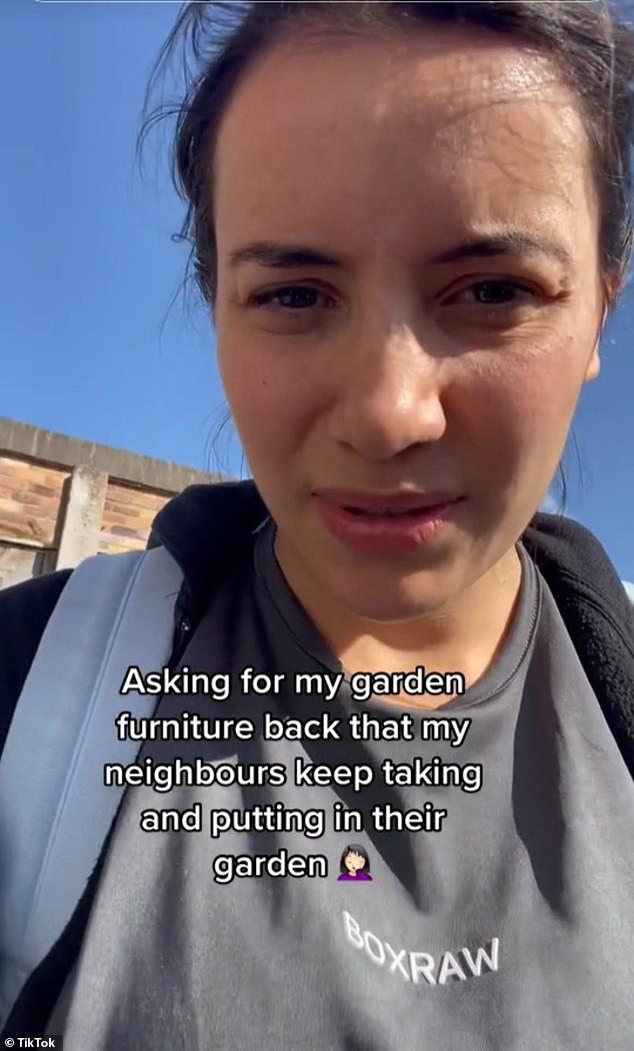 A British TikToker has shared footage of the moment she asked her neighbors to return her stolen garden furniture