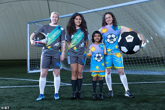 The new designs are the result of a competition by the Institution of Engineering and Technology (IET).  Pictured are the young winners with professional footballer Beth England (left) and British engineer Sophie Harker (right)