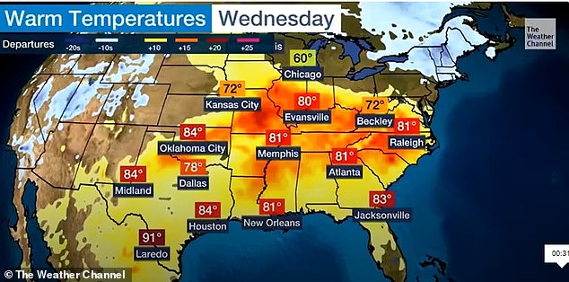 Texas and the Southern Plains can expect highs in the mid to upper 80s, while the Mississippi and Tennessee valleys and the Gulf Coast will remain in the low 80s.