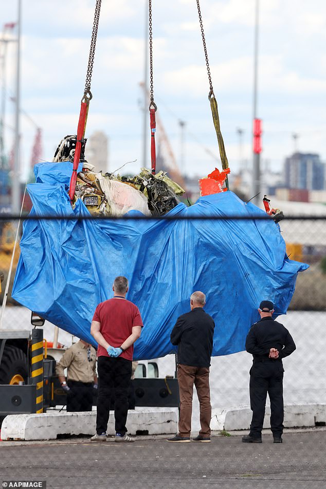 The wreckage of the plane believed to be carrying Mr Rose and Mr Gale was pulled ashore on Saturday afternoon (photo)