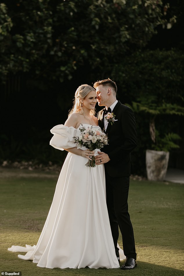 Mrs Flaskett (pictured with husband James on their wedding day) said she had always dreamed of becoming a mother