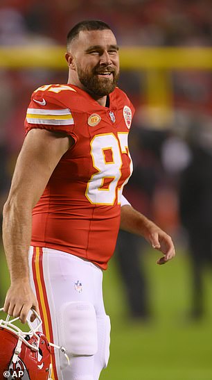 Travis Kelce is seen warming up before the Eagles' game on Monday