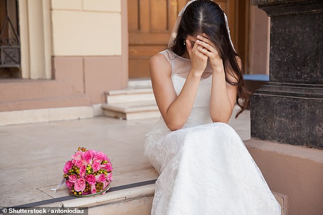 A chef who went bankrupt with $184,000 in debt gave the bride and groom just over 24 hours notice that he would not show up to cater their wedding.  A distressed bride is depicted