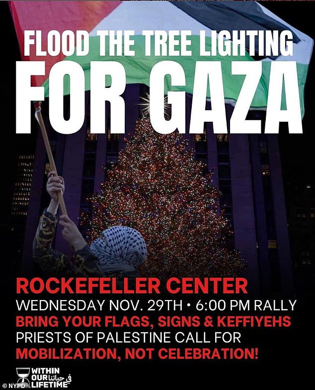 The pro-Palestinian group called Within Our Lifetime posted a flyer on Monday evening announcing that they will 'flood the tree lights FOR GAZA'