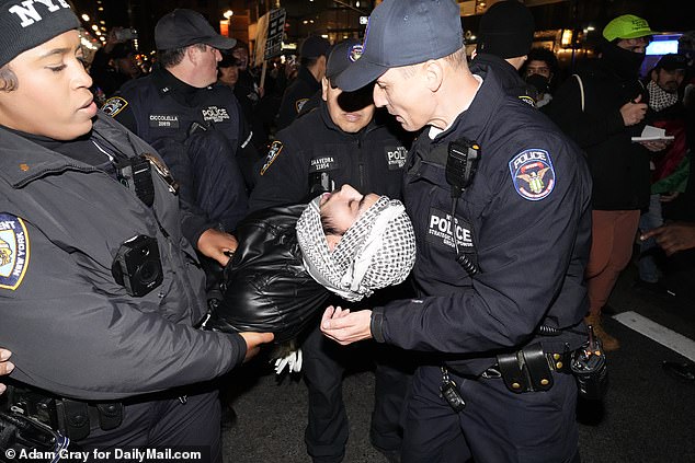 A pro-Palestinian protester is seen being stopped by the NYPD