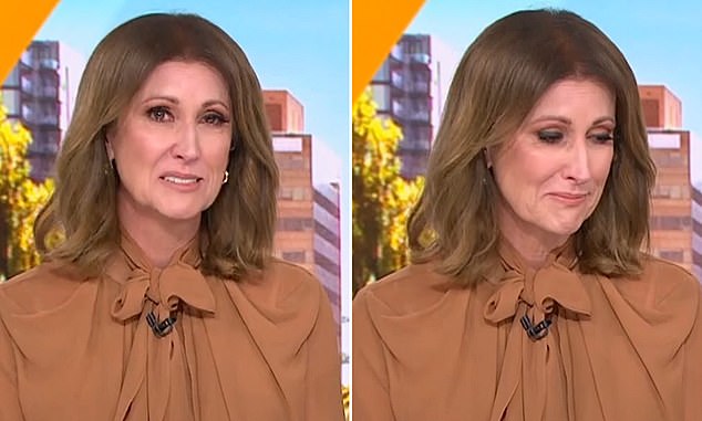 Barr appeared unable to say anything as she choked back tears as her co-host Matthew Shirvington, known to viewers as Shirvo, was forced to take over the segment (pictured)