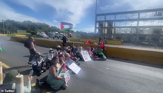 About 30 people gathered at one of the port entrances to protest the import of Israeli goods into New Zealand supermarkets