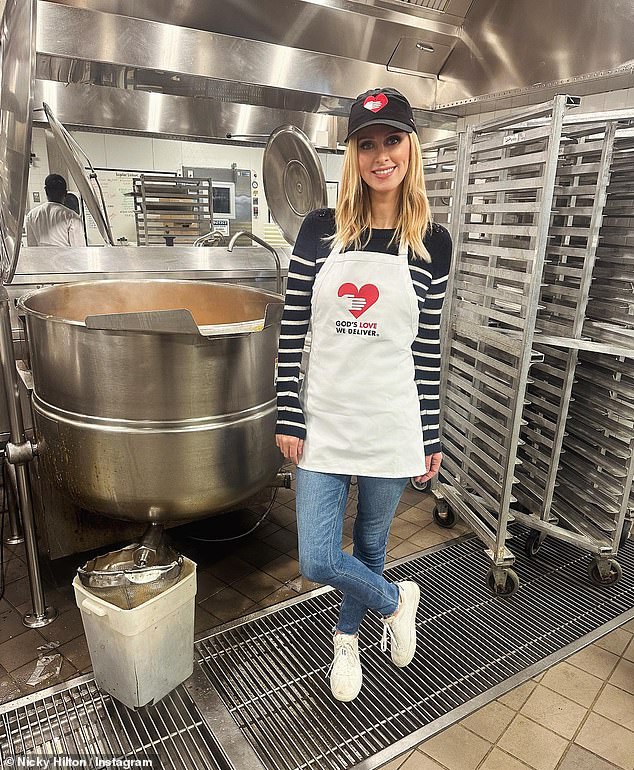 Lend a hand: Nicky Hilton spent time volunteering and making pumpkin pies for families in New York City ahead of Thanksgiving.  On Tuesday, the 40-year-old socialite posted a series of photos of herself baking cakes and boxing with God's Love We Deliver for the upcoming holidays.