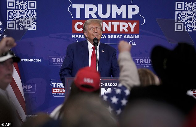 Donald Trump is still the leading frontrunner in Iowa with just 49 days until the caucuses – but that hasn't stopped Florida Governor Ron DeSantis and former UN Ambassador Nikki Haley from trying to cash in on their second-place finish behind the ex-president .  Pictured: Trump speaking at a rally in Fort Dodge, Iowa on November 18