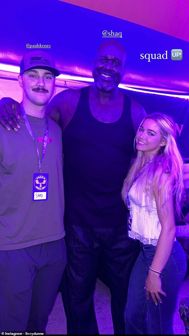 Olivia Dunne (right) poses for a photo with her boyfriend Paul Skenes (L) and Shaquille O'Neal