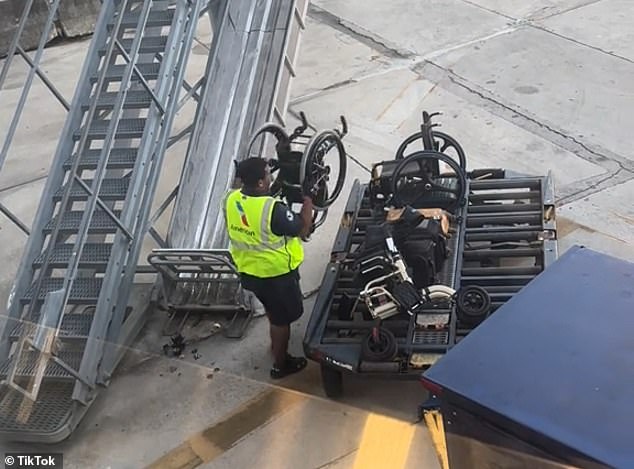 In the video taken at Miami International Airport, an employee at the top of the wheelchair ramp lazily throws the devices down the ramp and lets them bounce off the ground