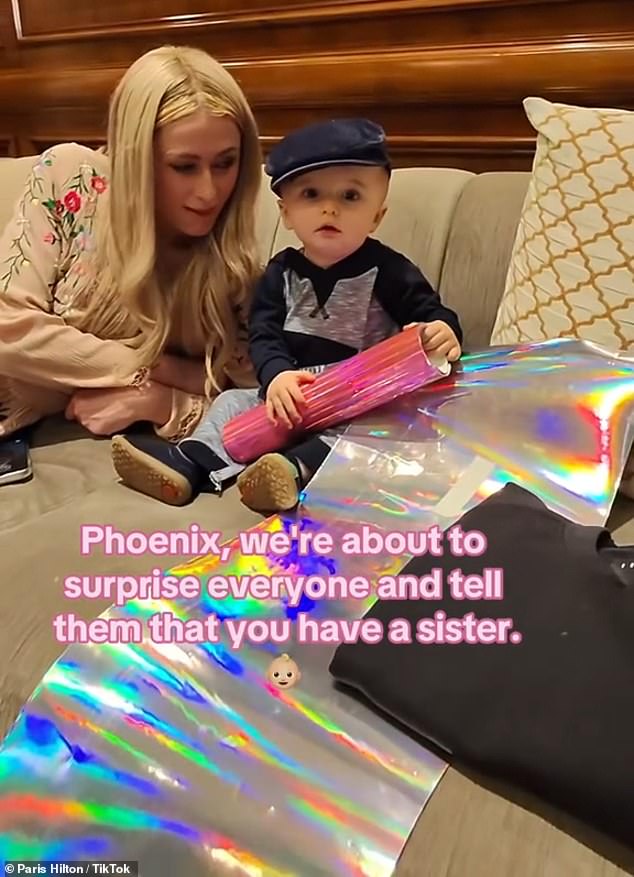 Little sister: Paris Hilton, 42, shared an adorable video on TikTok of the moment she and husband Carter Reum, also 42, told son Phoenix, 10 months, he was going to be a big brother