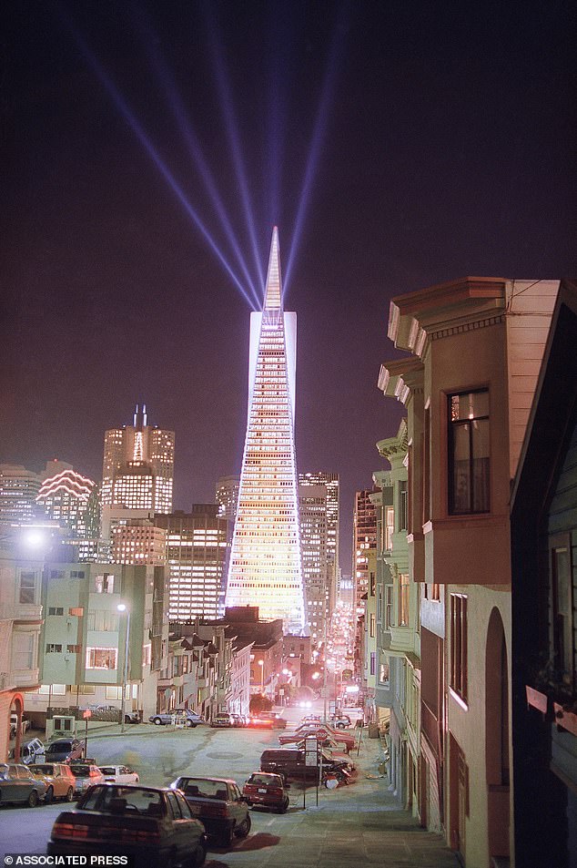 A beacon from the top of the pyramid can be seen from across San Francisco Bay at night when it is illuminated on special occasions.  A red flashing aircraft light, required by the Federal Aviation Administration, is located at the top of the spire (photo)