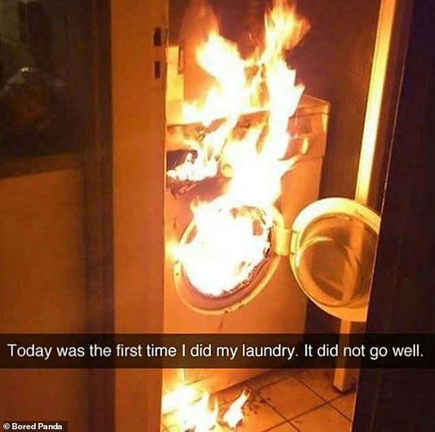 One photo shows a dryer bursting into flames, while the poster states that this was the first time they tried to do their laundry