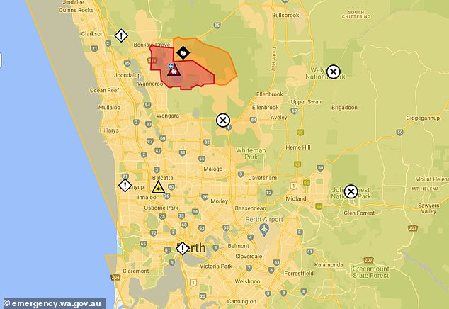 An emergency warning has been issued for parts of Melaleuca and Jandabup in Wanneroo, about 36km north of the city center