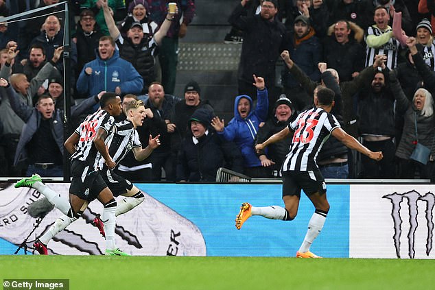 Anthony Gordon drives away in celebration after scoring the only but controversial goal