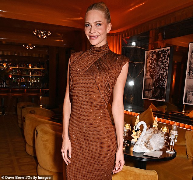 Poppy Delevingne, 37, stunned in brass as she co-hosted the Mrs Alice x Della Vite cocktail party at Langan's Brasserie on Tuesday