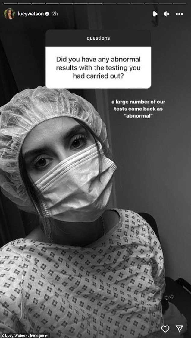 Tough: Former Made In Chelsea star Lucy Watson shared a hospital photo as she reflected on her challenging fertility journey in an Instagram Q&A on Wednesday