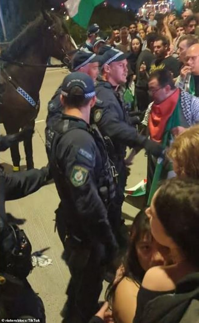 Hundreds of pro-Palestinian protesters clashed with police at one of Australia's largest ports overnight, with up to 23 people arrested (Photo: Protesters clash with officers)