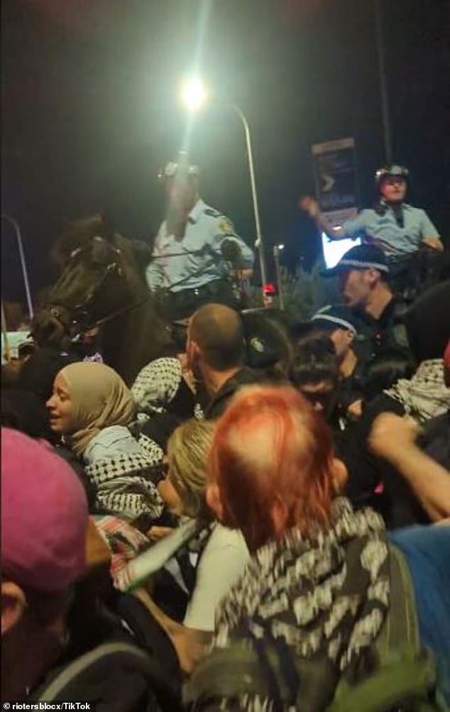 The group, protesting against an Israeli shipping company, gathered in Port Botany, 12km south of Sydney's CBD, on Tuesday evening (pictured).