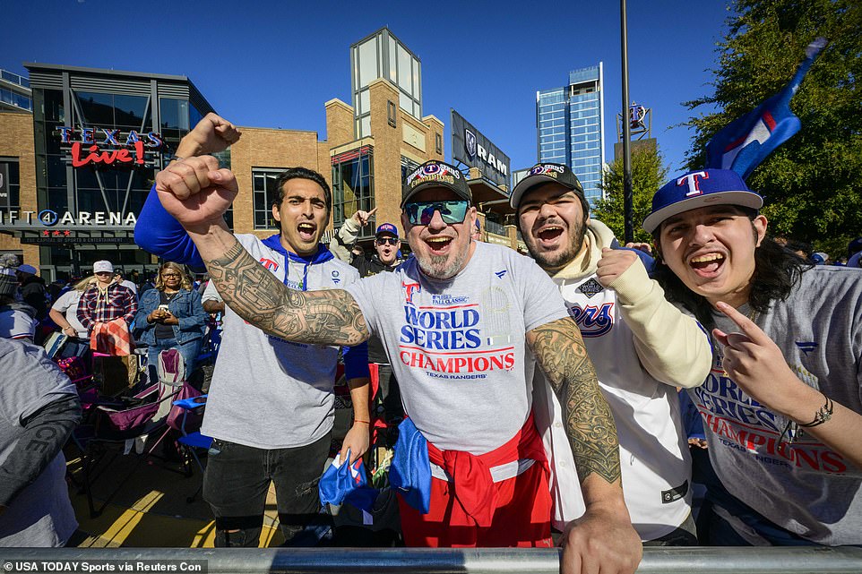 Texas Rangers fans line up outside Globe Life Field Friday afternoon to celebrate the franchise's first World Series title