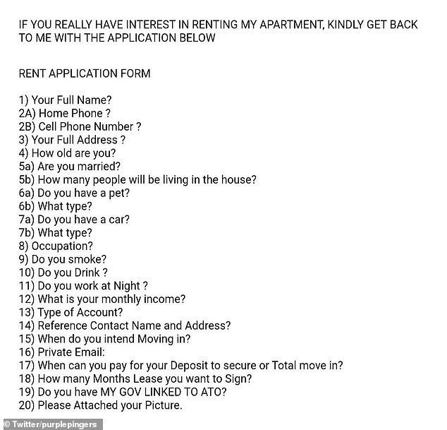 A landlord has created a list of bizarre questions (pictured), shocking tenants about the unusual requests before they are considered an eligible tenant for the apartment