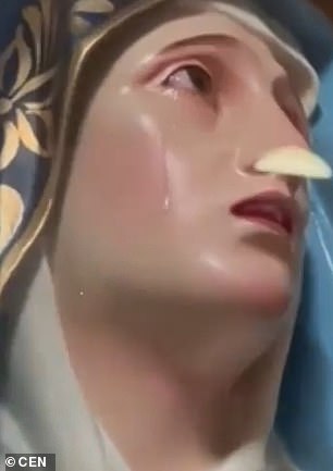 The statue was caught with tears streaming down his face in Mexico (pictured)