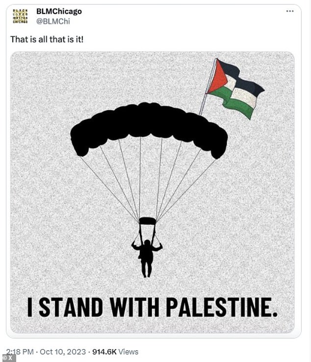 The BLM chapter in Chicago made their position on the recent terror attacks in Israel abundantly clear with a slew of pro-Palestinian images shared across social media – but they removed it and issued a lukewarm apology.